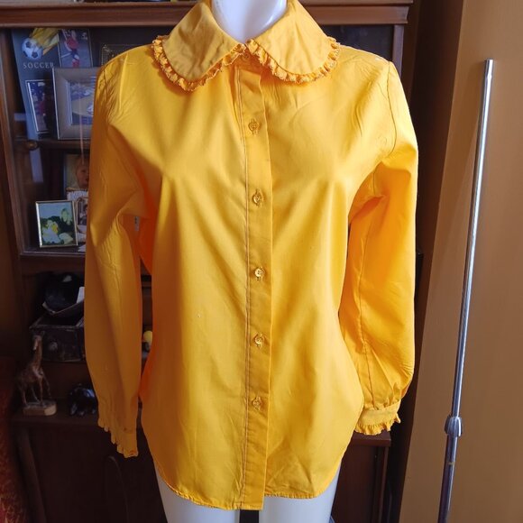 Medium Vintage 1960's Yellow Button-Up Blouse Ruffled Collar & Cuffs Mod Girl - Picture 2 of 8